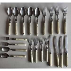 21 pcs VTG Mardi Gras Stainless Steel White Riveted Handle Korea‎ Butterscotch